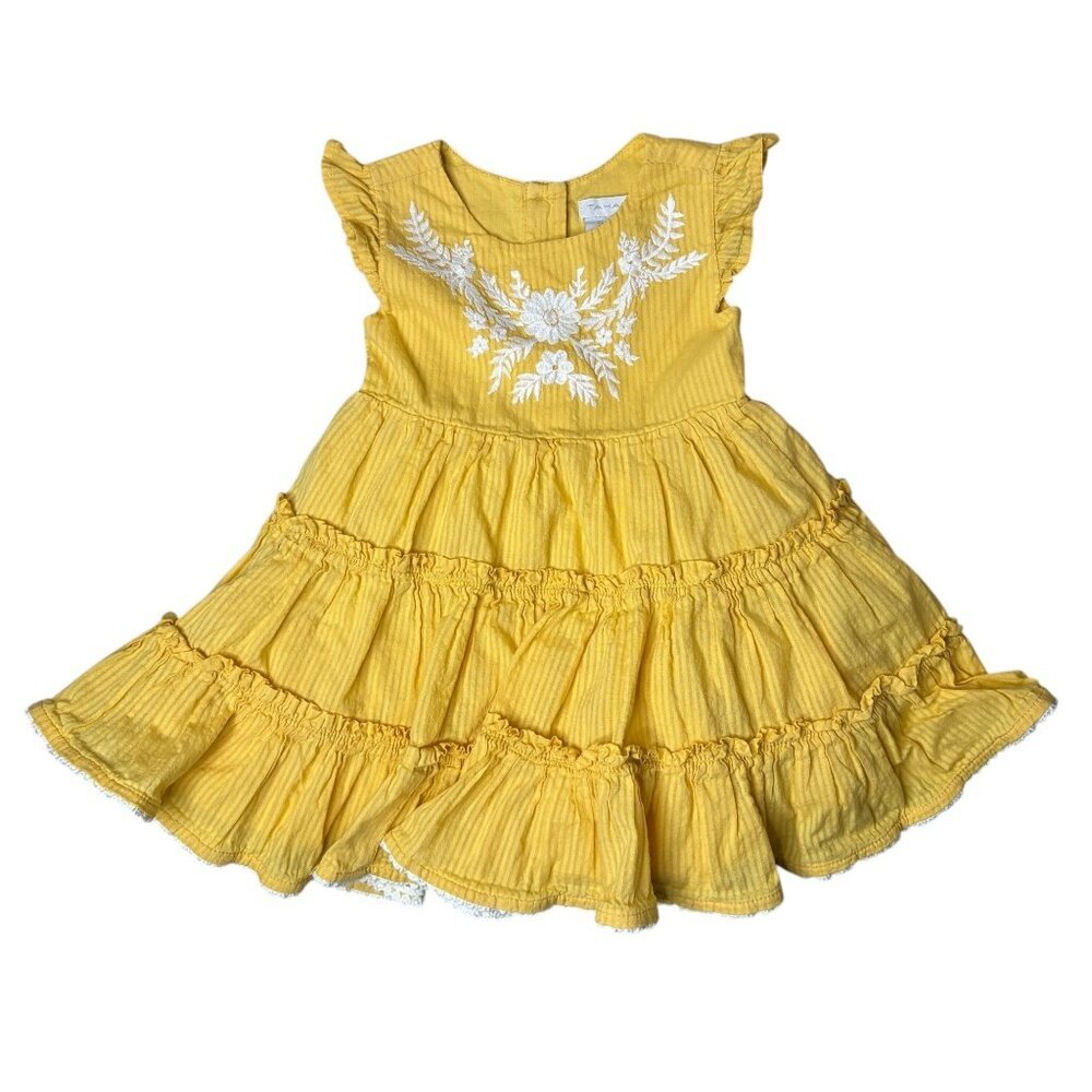 Tahari Baby Girls Dress 12M Yellow Seersucker Tiered Embroidered Boho Floral